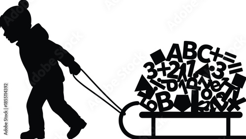 Silhouette of child pulling sled filled with educational symbols, winter learning journey, playful knowledge transport, math and literacy exploration
