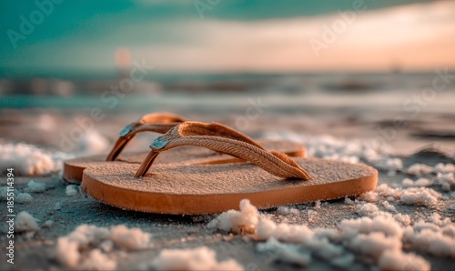 A close-up shot of a pair of flip-flops resting on a sandy beach near the ocean.