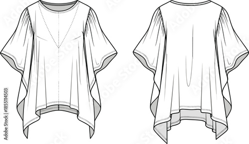 PrintTechnical Fashion Sketch of a Women's Oversized Batwing Tunic Blouse Featuring a Round Neckline, Draped Sides, and Asymmetric Sharkbite Hemline Detail