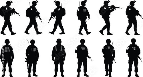 PrintSet of Military Soldier Silhouettes Carrying Rifles and Tactical Gear for Army Infantry Combat Missions, Special Forces Operations, and War