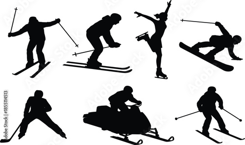Professional Winter Sports Silhouette Set Featuring Skiing, Snowboarding, Ice Skating, Hockey, and Snowmobile Outdoor Activities