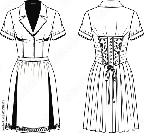 PrintTechnical Fashion Sketch of a Women's Short Sleeve Dress Featuring a Notched Lapel Collar, Waist Band, and Lace-Up Corset Back Detail (20 words)
