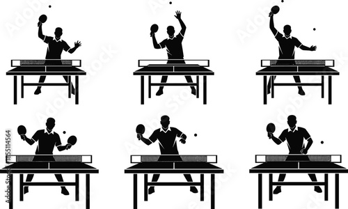 PrintSet of professional table tennis player silhouettes performing various serves and action shots at a ping pong tournament competition event (20 words)