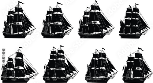PrintSet of vintage sailing ship silhouettes, nautical maritime vessel icons, antique wooden sailboat illustrations isolated on white background for marine design