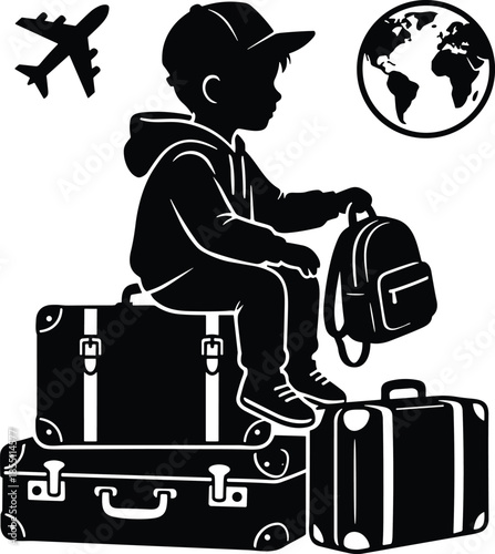 Silhouette of child traveler sitting on luggage, holding backpack, airplane and globe background, exploring world, international journey concept
