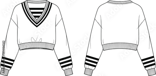 PrintTechnical Fashion Sketch of a Women's V-Neck Cropped Varsity Sweater Featuring Striped Ribbed Trim Details and Long Drop Shoulder Sleeves