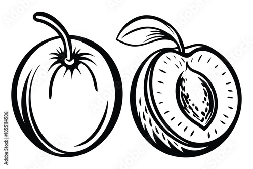 Two peaches with leaf, one sliced, black and white with transparent background