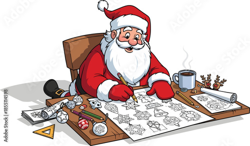 Santa Claus sitting at desk drawing holiday designs with pencil and coffee