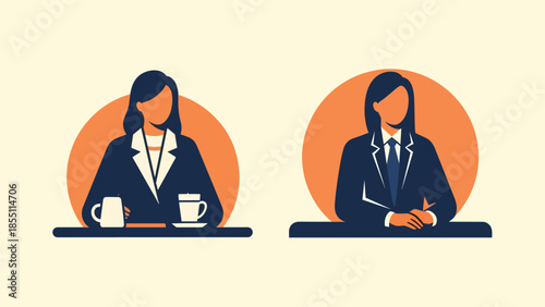 Businesswomen sit at a table for a meeting with coffee cups and notes