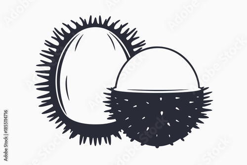 Two rambustans are showcased, one whole with spiky skin and one partially peeled