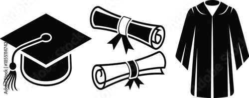 Academic Graduation Ceremony Vector Set Featuring Mortarboard Cap, Rolled Diplomas, and Traditional Black Gown Silhouette