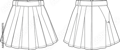 Women pleated mini skirt flat sketch, school girl tennis skirt technical drawing, fashion template, apparel design vector mockup illustration, fashion.