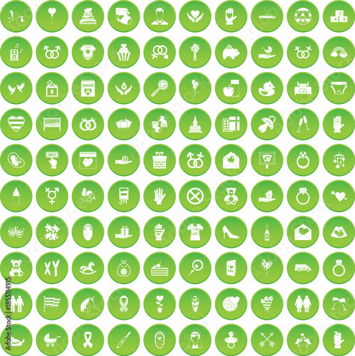 100 love icons set green circle