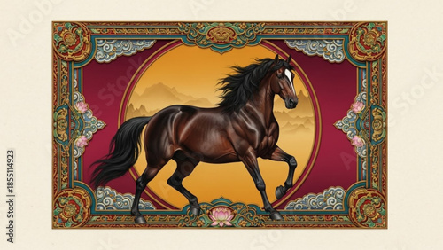 A brown horse with a black mane and tail runs in front of a yellow circle on a red background with an ornate border