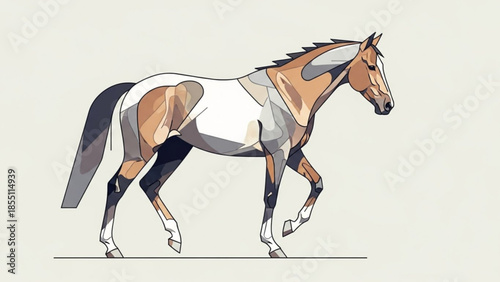 A stylized illustration of a horse in motion with a multicolored body and a plain background