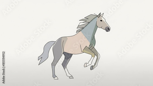 An animated gray and beige horse with a flowing mane is captured in a dynamic running motion on a plain background