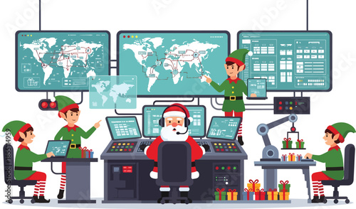 Santa and elves work together in a modern control room with screens and computers on a hasil akhir 12 project.