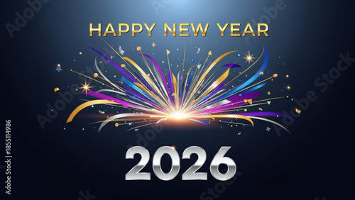 A colorful digital illustration celebrating the Happy New Year 2026 with vibrant fireworks and sparkling effects on a dark background