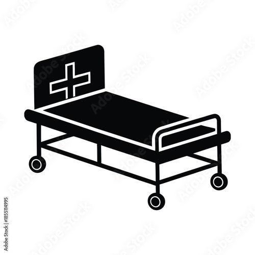Simple black and white illustration of a medical bed with wheels and a cross symbol for healthcare and hospital services