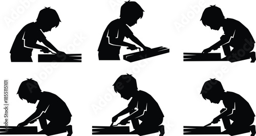 Silhouettes of child building on floor with tools, hands-on learning, educational activity, focused posture, tactile engagement, developmental play