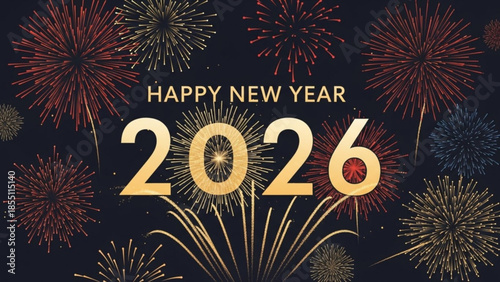 A vibrant digital illustration of colorful fireworks exploding in the night sky with a Happy New Year 2026 celebration message