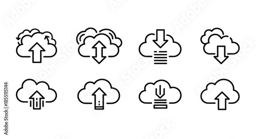Cloud icons with various upload and download symbols