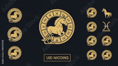 A collection of gold zodiac symbols and logos featuring a horse on a black background with UID NICOINS branding