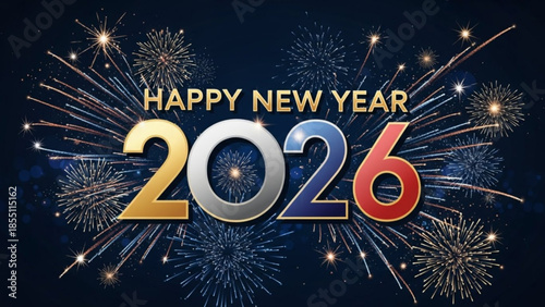 A colorful Happy New Year 2026 graphic with fireworks exploding in the background on a dark night sky