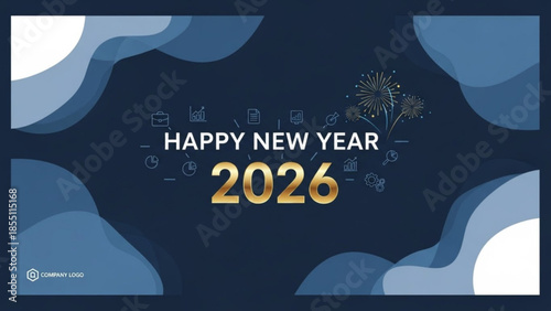 A digital illustration of a Happy New Year 2026 greeting card with a dark blue background and abstract shapes