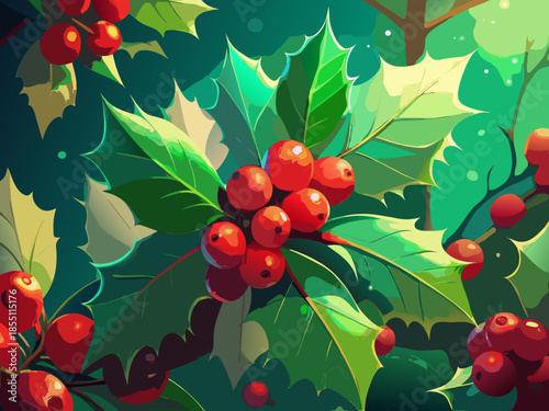 Holly leaves with bright red berries softly against green holiday background, festive winter foliage, natural Christmas decoration, seasonal botanical texture.