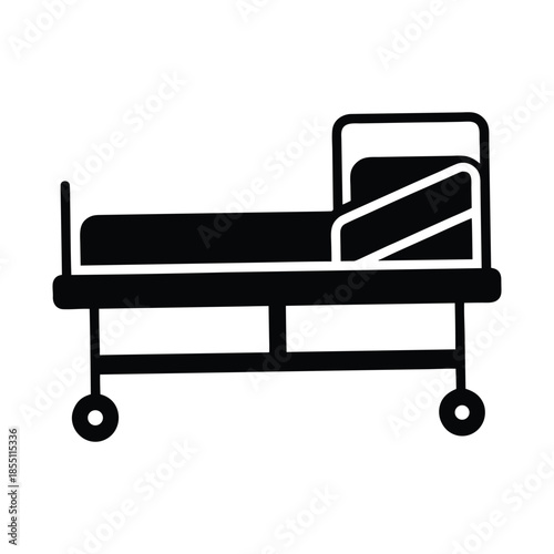 A simple, clean, and clear illustration of a hospital bed with wheels on a white background, representing healthcare and medical care
