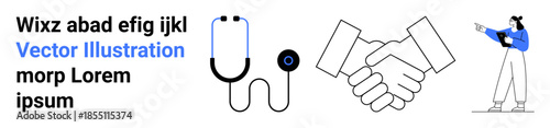 Stethoscope, handshake, and person holding tablet emphasize themes of healthcare, teamwork, and professionalism. Ideal for collaboration, communication, health, trust guidance agreements simple