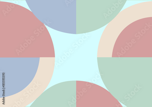 Abstract geometric pattern featuring soft pastel quarter circles arranged around a central light blue square, creating a modern and minimalist design with a harmonious color palette