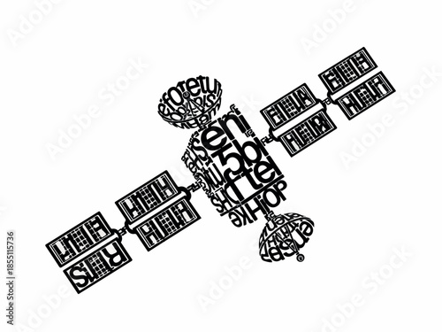 Satellite composed of words conveying communication and technology concepts, in a modern style