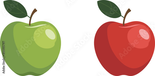 Fresh Green and Red Apple Vector Illustration Set With Leaves for Healthy Food Branding Designs