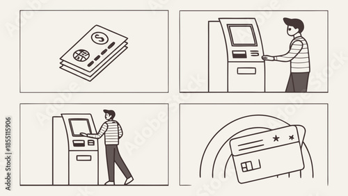 People using ATMs and handling cash and credit cards