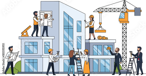 Workers construct building with crane and tools in urban setting daily activity