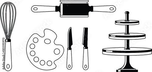 Wedding cake decoration tools set with whisk fondant smoother palette knife and tier stand elegant bakery