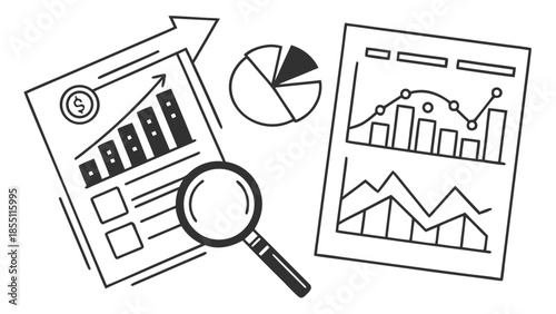 Business data analysis with magnifying glass on financial charts