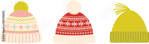 Colorful Winter Beanie Hat Vector Set Featuring Pom Poms and Nordic Patterns for Cold Weather Branding