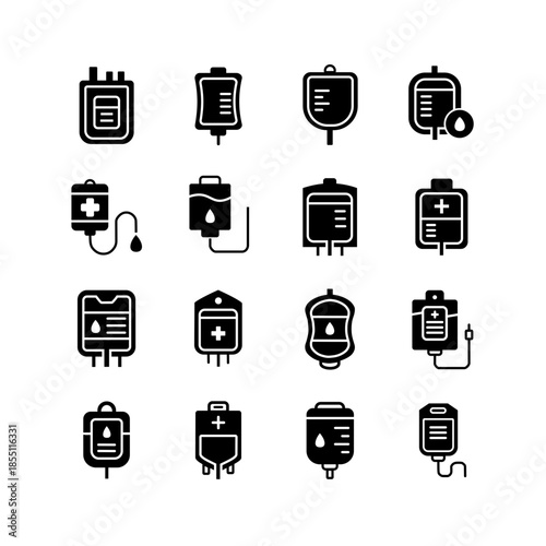 Blood Bag Solid Icons Collection for Hospital Transfusion Donation and IV Therapy