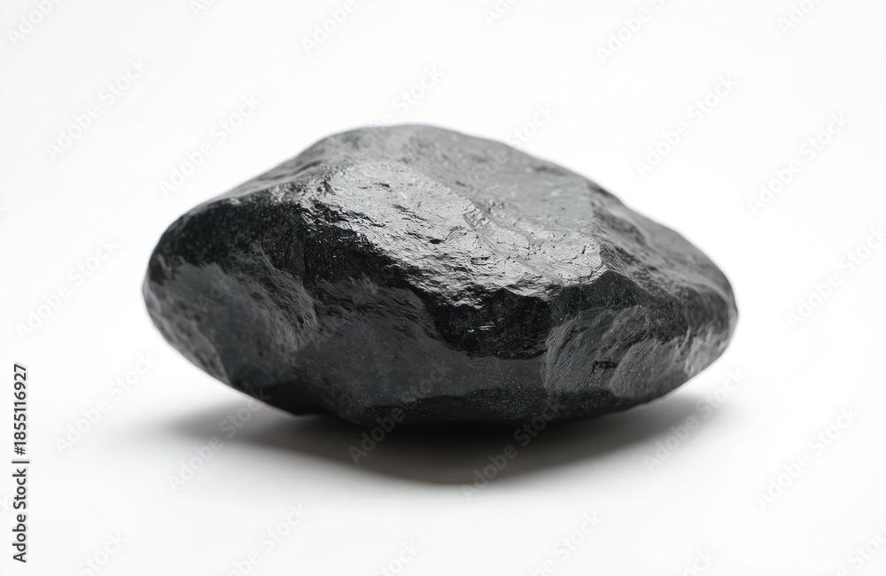 Fototapeta premium Smooth black hematite stone rests on white background. This mineral rock has a shiny surface and irregular shape. Used in jewelry making and industry.