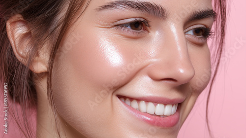 Glowing skin close up with smooth cheek texture and natural makeup, smiling woman with healthy complexion and soft light on pink background