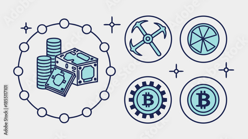 Cryptocurrency icons including Bitcoin and mining symbols