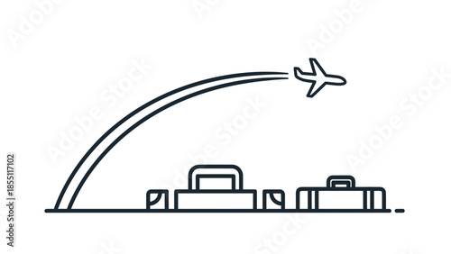 Airplane taking off over luggage, travel concept icon, clean lines, vector illustration