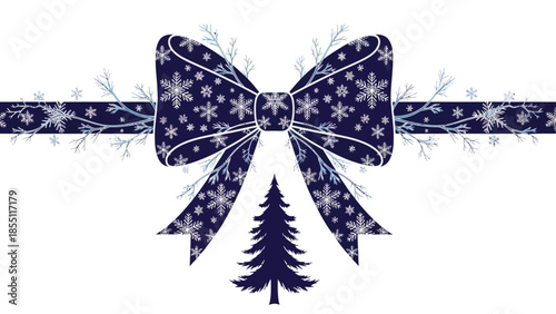 Elegant Christmas Bow with Snowflakes and Pine Tree - Festive Holiday Decoration