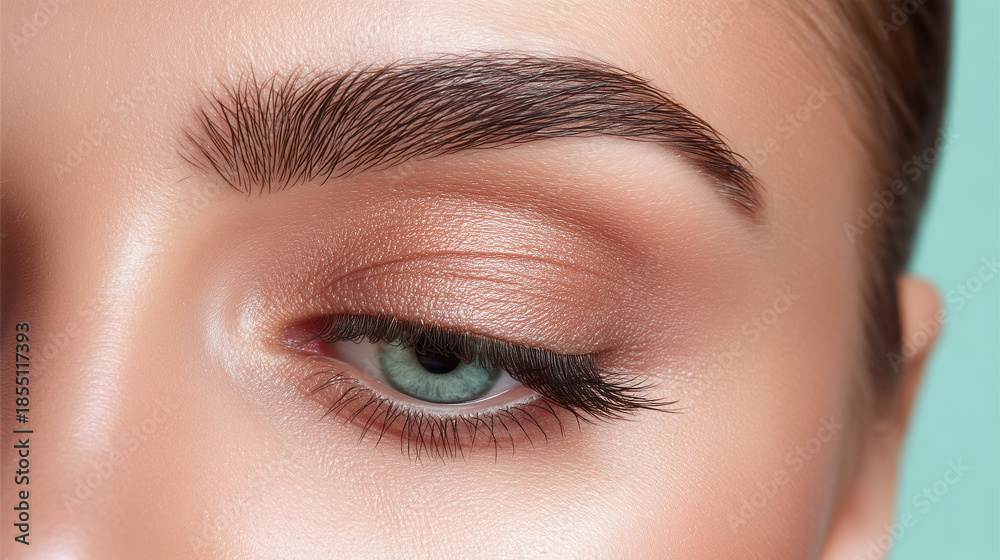Obraz premium Close up of green eye with long eyelashes and well groomed eyebrow, soft matte skin texture and natural makeup on eyelid, showing delicate beauty and calm expression
