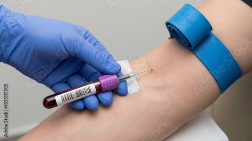 Venipuncture using butterfly needle assembly close up with phlebotomist gloved hand drawing dark blood into half-filled vacuum tube from patient arm vein with tourniquet visible.