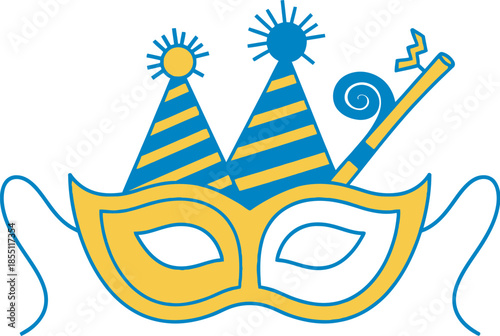 Vibrant party mask with colorful carnival hats and noisemaker on white background for festive celebration and fun