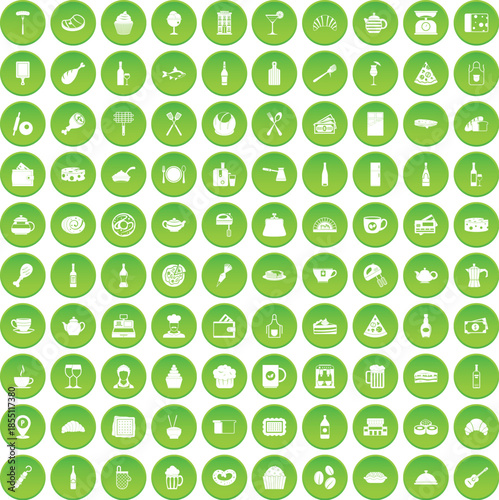 100 restaurant icons set green circle